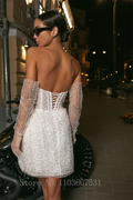 A-line elegant off-shoulder sweetheart pleated sequins short wedding gown back view