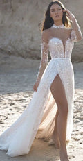 Full sleeve lace split high neck illusion beading court train beach wedding dress back view