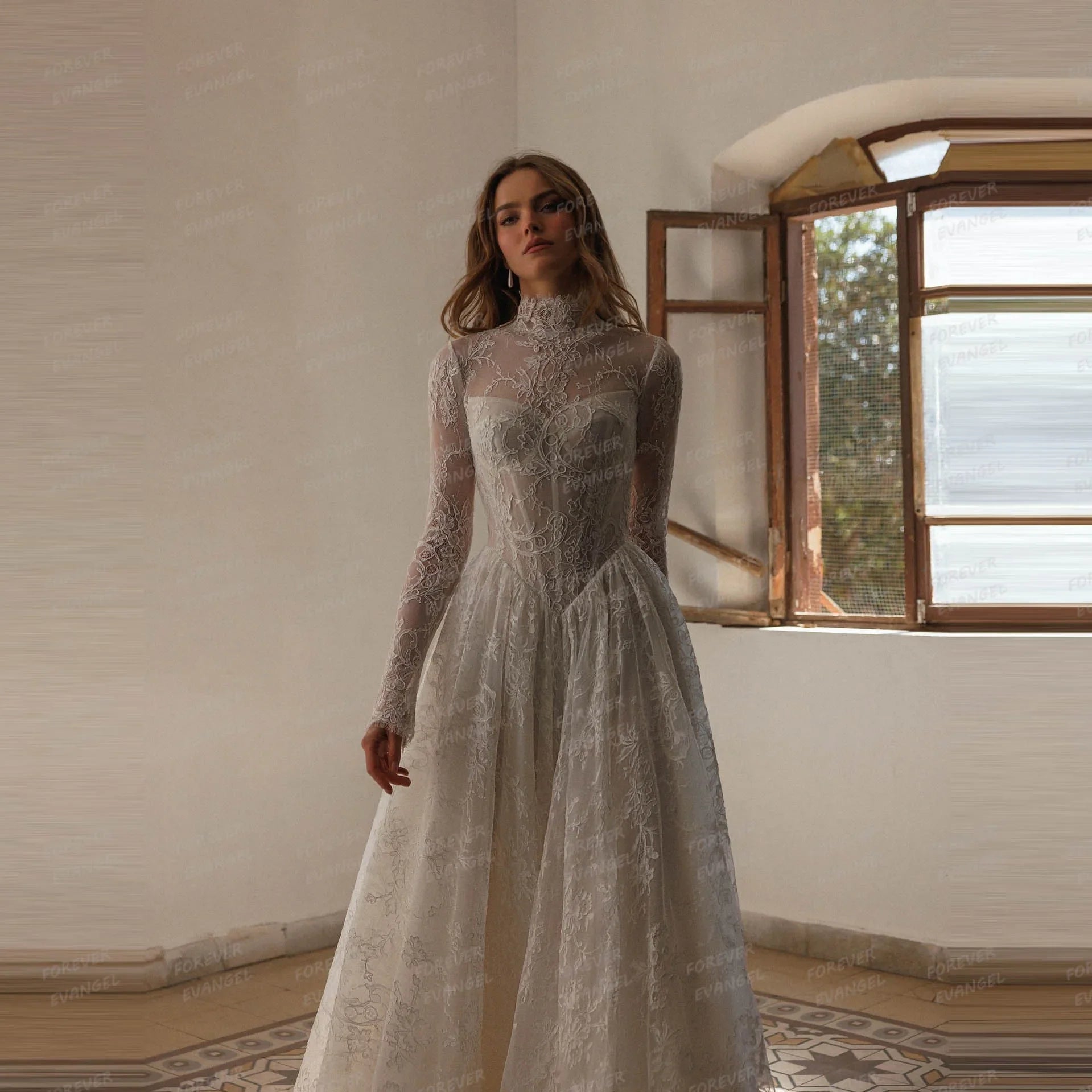 Simple Wedding Dresses A Line Woman's Sexy Lace Shiny Long Sleeve Bride Gowns Formal Appliques Customized Vestidos De Novia