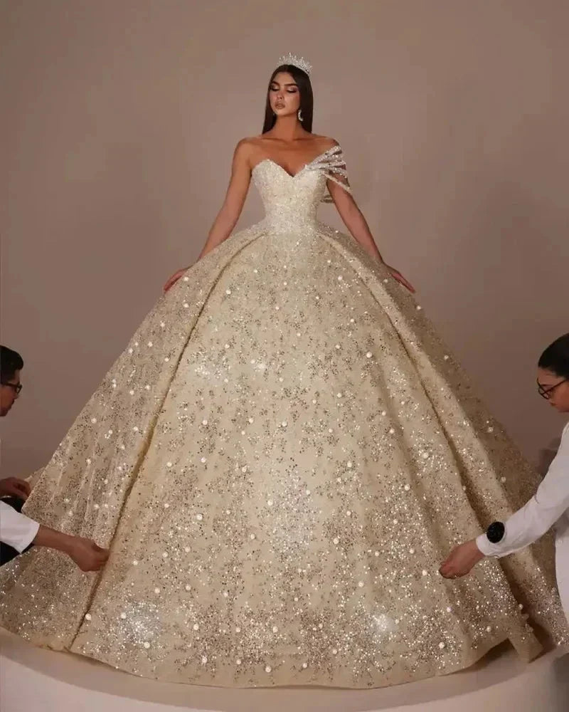 Luxury ball gown wedding dress sequins beaded church bride gown Arabic Dubai bridal dress