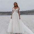 Classic A-line wedding dress V-neck sleeves lace appliques backless tulle princess boho garden bridal gown