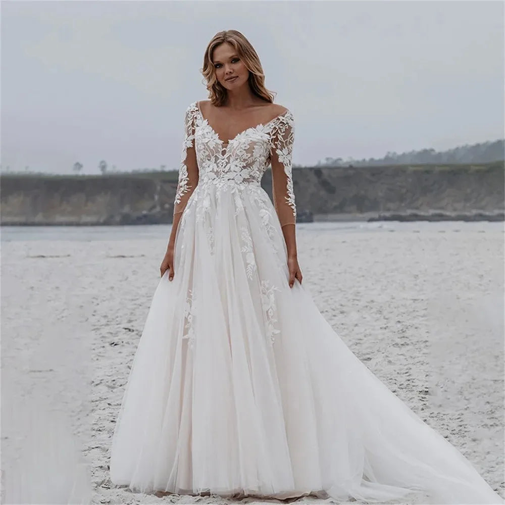 Classic A-line wedding dress V-neck sleeves lace appliques backless tulle princess boho garden bridal gown