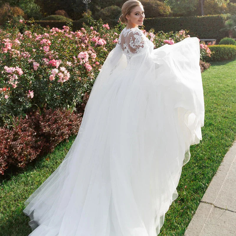 2024 Princess Sweetheat Lace Sleeve Wedding Dresse Sweep Train Vestido De Novia Satin Cap Straps New Bride Dress Elegant