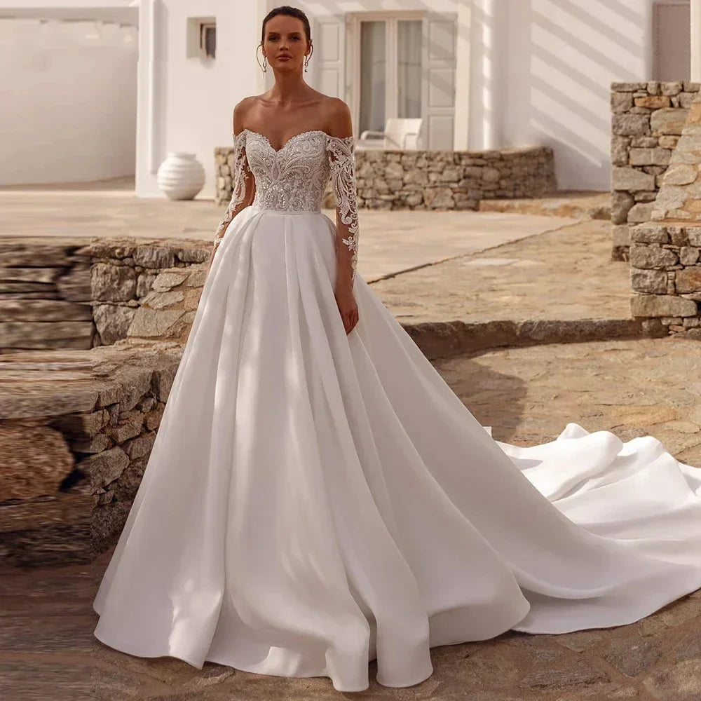Elegant A-line wedding dress long sleeves lace appliques illusion satin court train formal bridal gown