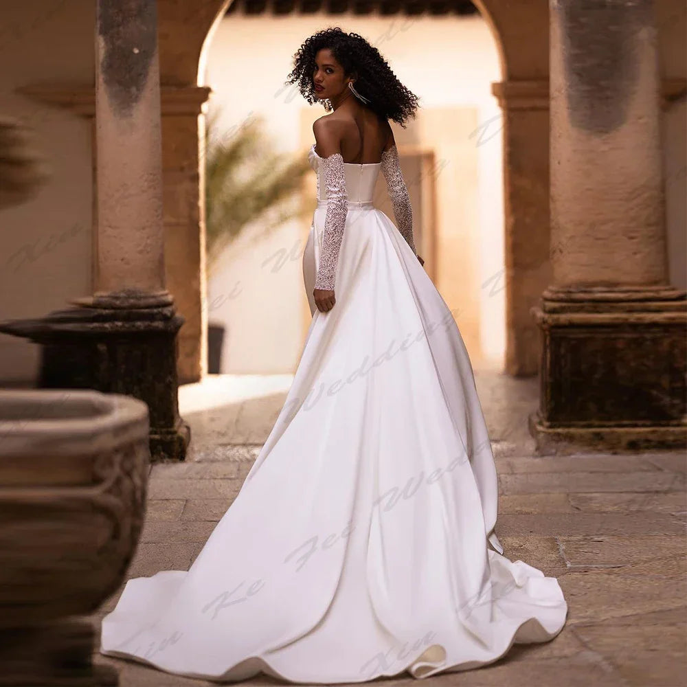Gorgeous Satin Romantic Wedding Dresses Sexy Backless Mermaid Off Shoulder Long Sleeve Simple Mopping Bridal Gowns Custom-Made