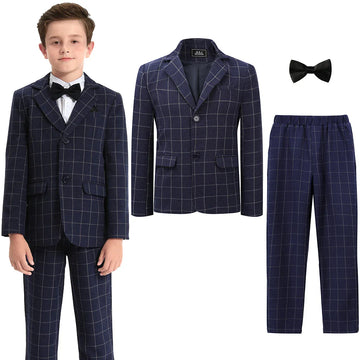 Suit for Kids Boys Wedding Plaid Teenager Formal Easter Tuxedo Bowtie Children Blazer Flower Party Performance Costume 3PCS