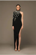 Red carpet elegant woman one shoulder diamonds black long bandage evening party dress detail