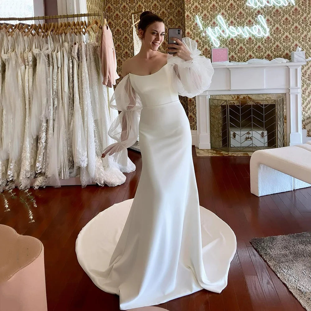 Elegant Wedding Dresses Women Mermaid Fuff Long Sleeve Brides Dress Off The Shoulder Bridal Gown Vestido De Novia Customized