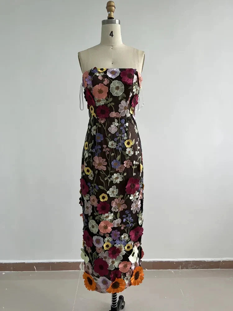 Luxury Sexy Strapless Flower Embroidery Women Gowns Dress Elegant Party Evening Celebrity Stage Performance Costume