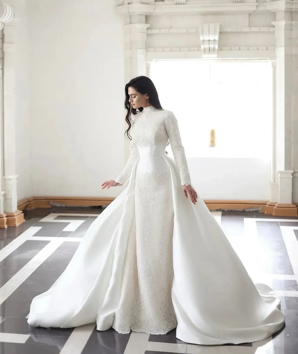 Eightale Arabic Wedding Dress White Ivory Mermaid Long Sleeves Pleats Lace Muslim Satin Bridal Gown Robe De Mariée Customized