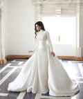 Ivory Muslim satin mermaid wedding dress Arabic long sleeves pleats lace bridal gown