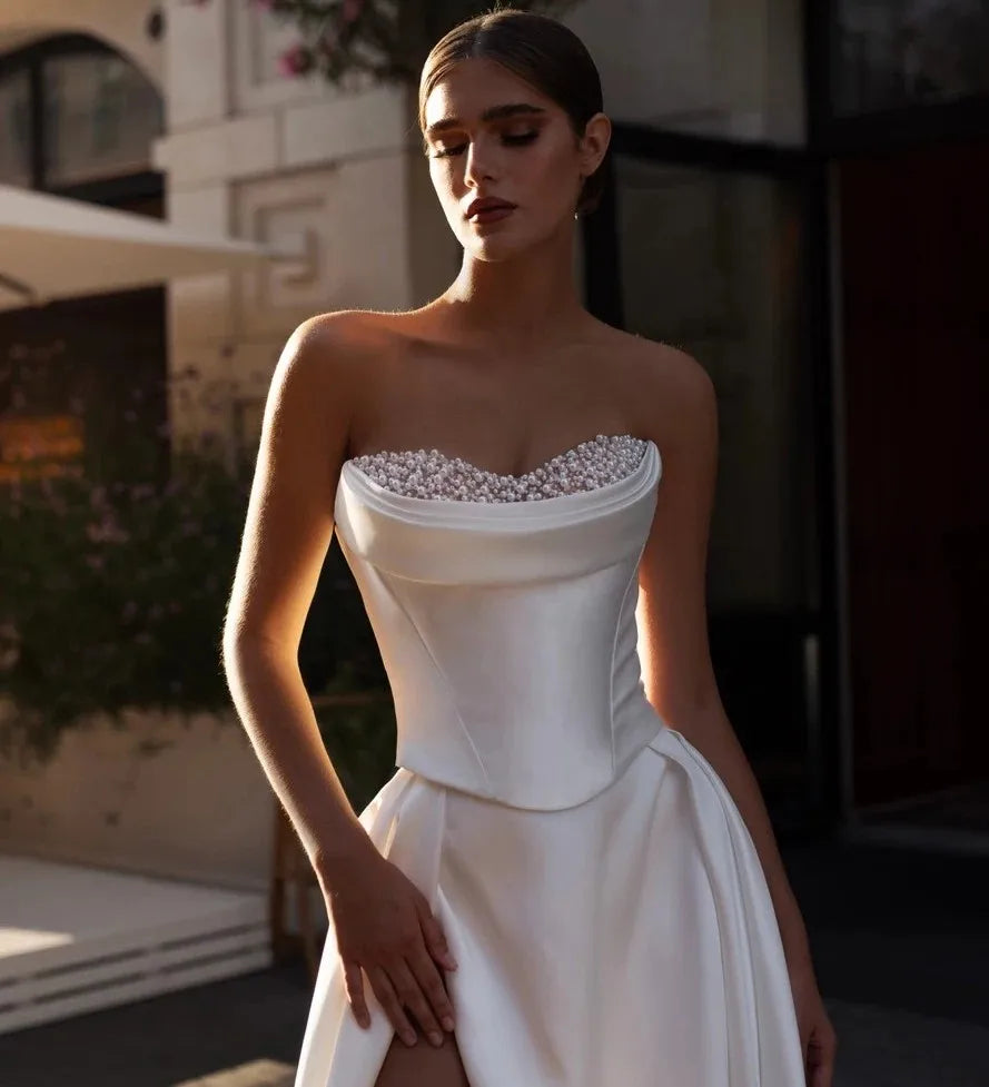 Pearls high slit sweetheart 2026 two-piece A-line satin long train wedding dress back view