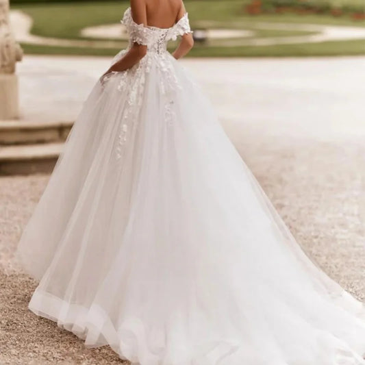 Charming Wedding Dress See Through Customized Off The Shoulder Applique Vestidos De Novia A Line Corset Bridal Gown Sweep Train