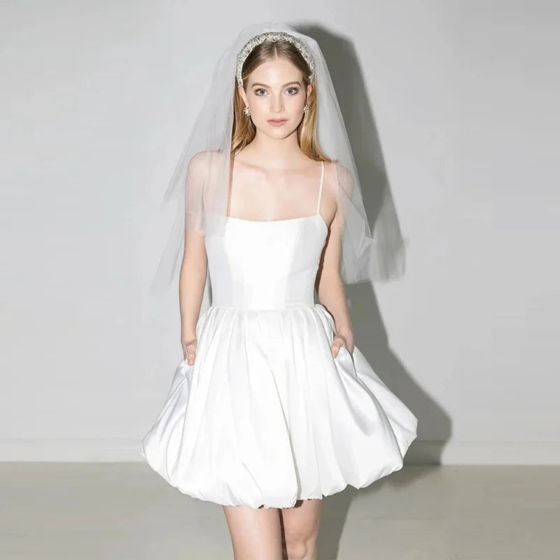 Simple Spaghetti Straps Satin Mini Wedding Dress Customized Women Short Bridal Gown For Paryt