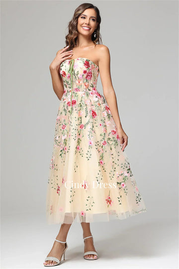 Flowers off-shoulder prom embroidery elegant luxury A-line celebrity Saudi evening dress front view