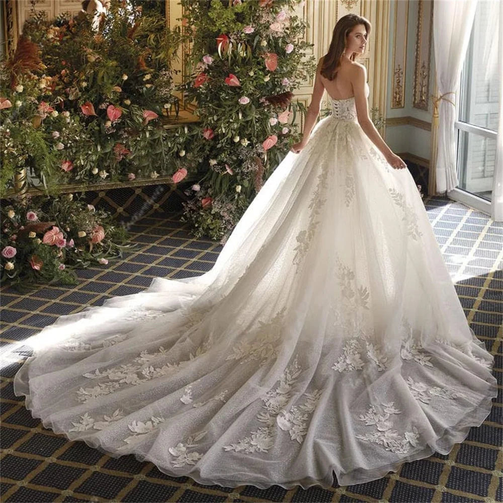Lace mermaid princess sweetheart detachable train sleeves bride gown back view