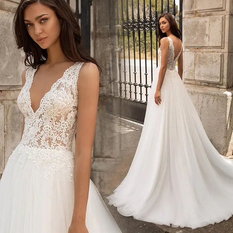 Customized Boho Wedding Dresses A Line V Neck Tulle Backless Bridal Gown Sleeveless Lace Appliques Formal Wedding Gowns