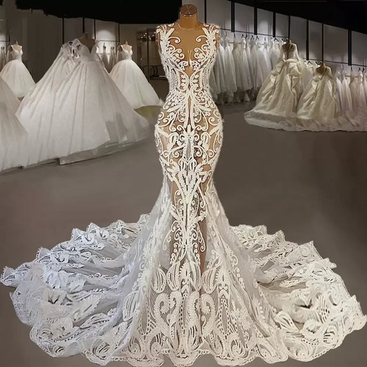 2024 Sexy Mermaid Wedding Dresses Lace Applique Sleeveless Illusion Bodice O-Neck Sweep Train Custom Made Vestido De Novia 2024 Champagne