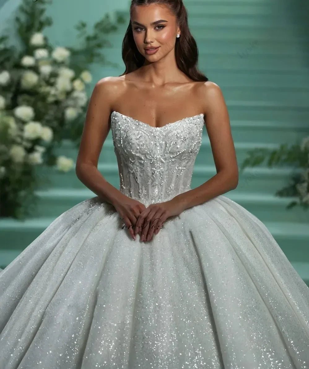 Customized Shiny Ball Gown Wedding Dress Boat Neck Off The Shoulder Beaded Applique Princess Bridal Gowns Vestidos De Novia
