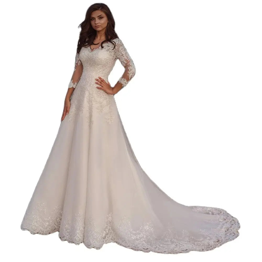 Long Wedding Dress Eleagnt Long Sleeves V Neck Lace Appliques A Line Tulle Sweep Train Bridal  For Women Robe De Mariee Summer
