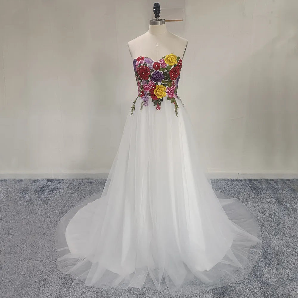 Colourful embroidery wedding dress strapless sleeveless A-line floor length tulle backless sweep train bridal gown
