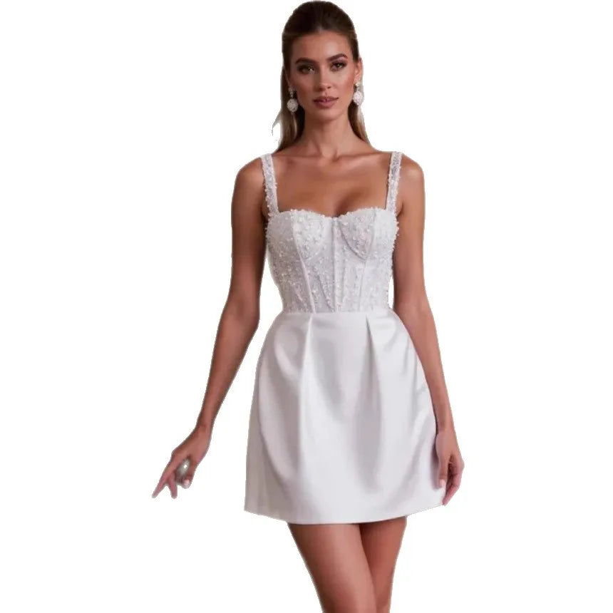 Mini wedding dress sweetheart straps beads sequins backless satin garden beach party gown