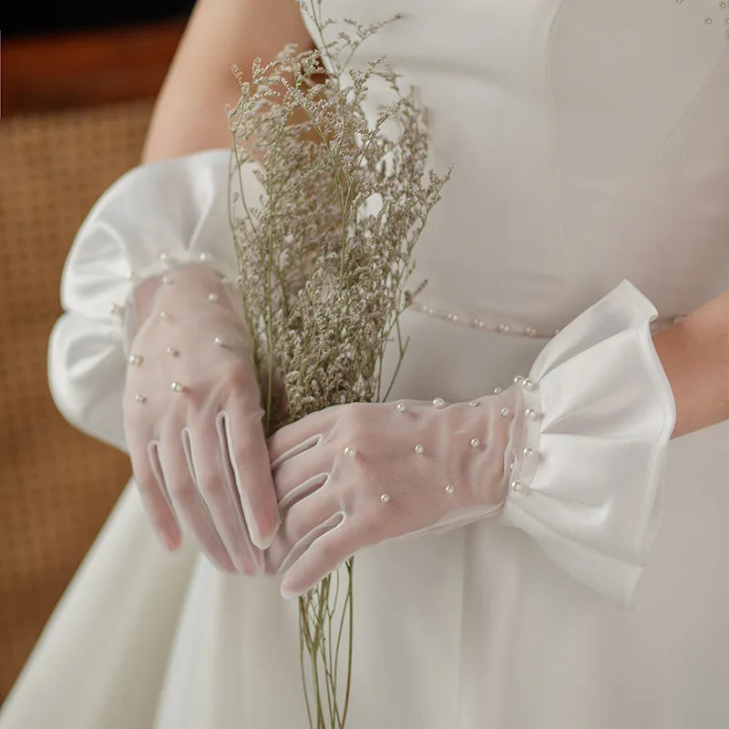 Short Bridal Gloves White Pearl Wristband Wedding Glove For Women Girl Party Evening Dress Jewelry Bride Accessories