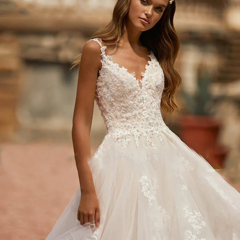 Tiered lace V-neck ball gown spaghetti strap zipper court train appliques wedding dress side view
