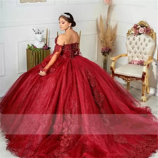 Glittering Burgundy Wedding Dresses Party Gowns Vestidos De Sexy Puffly Sleeves Applique Birthday