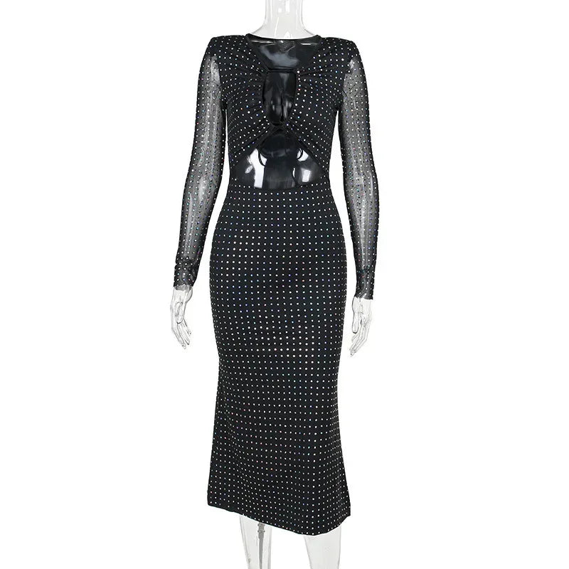 Sequins mesh hollow out long sleeve lace-up bodycon party dress women additional color