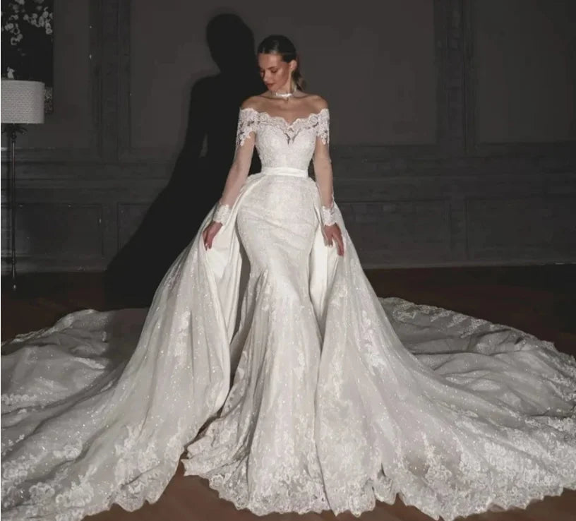 2025 Customized Exquisite New 2 in 1 Full Sleeves Boat Neck Mermaid Wedding Dresses