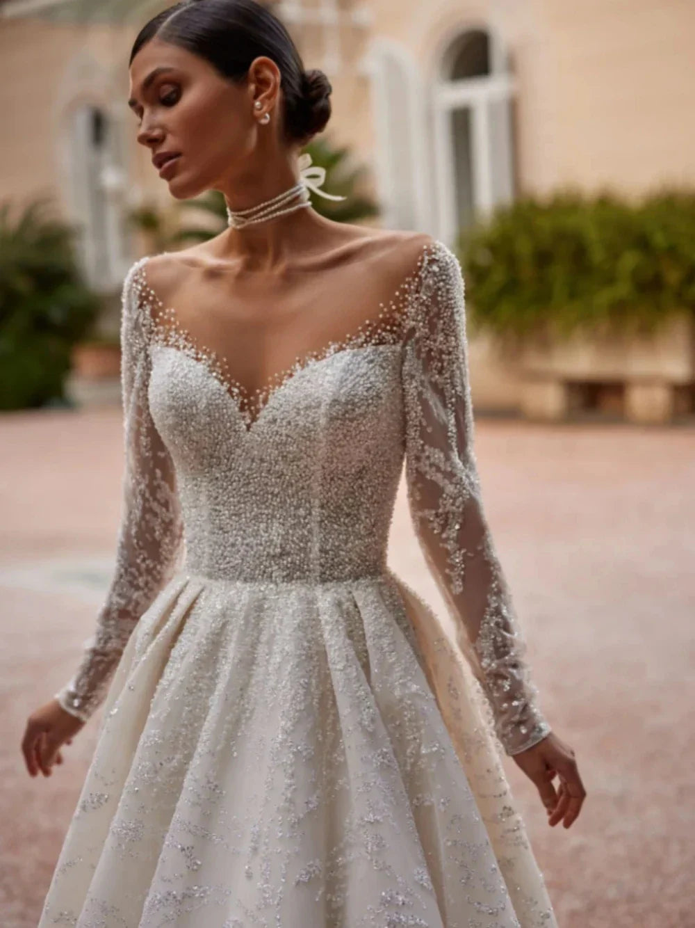 Classic O-neck long sleeve wedding dress sparkly pearls glitter A-line elegant long bridal gown