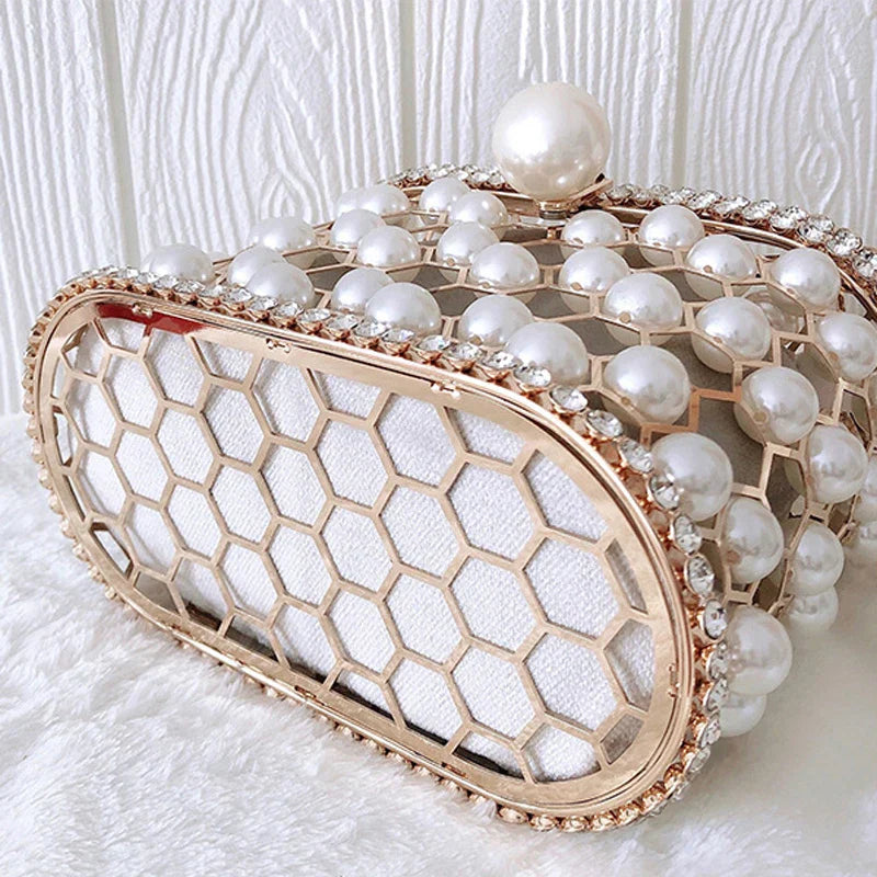 Luxury Designer Handbag Pearl Women's Handbag Purses For Women Hollow Out Wedding Clutch Bag Rhinestone Metal Evening Bags