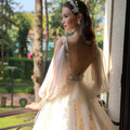 Open back 3/4 sleeve deep V-neck boho A-line tulle lace sexy custom wedding dress side view