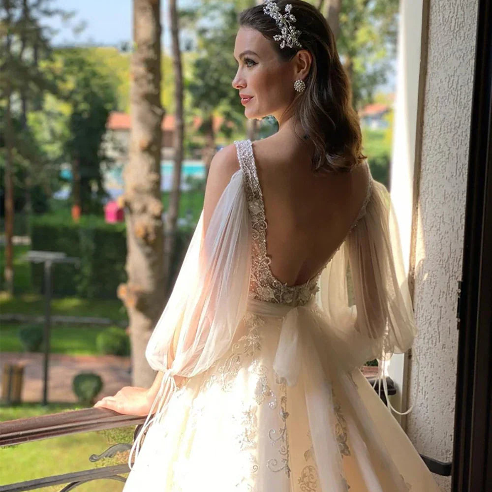 Open back 3/4 sleeve deep V-neck boho A-line tulle lace sexy custom wedding dress side view