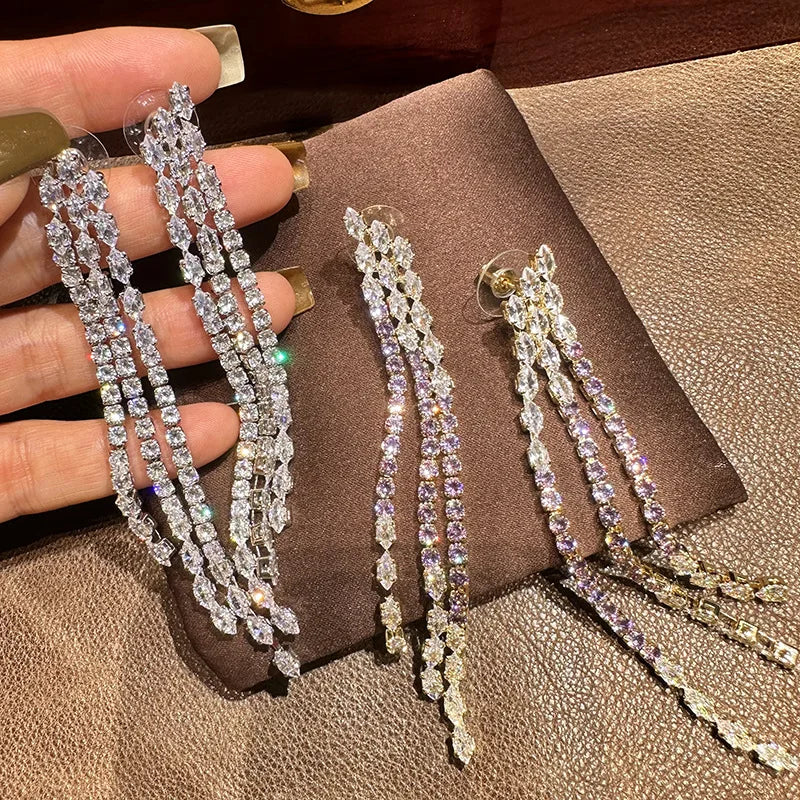 Luxury Long AAA Zircon Bridal Earrings CZ Cubic - side view