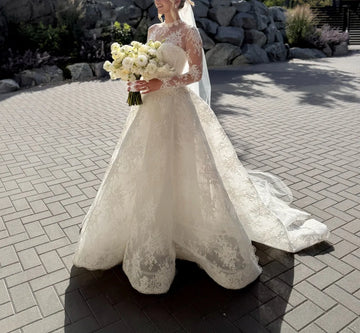 Custom2026 Women's Elegant AndRomantic High Neck Fluffy Skirt Made Of Lace Fabric Exquisite Patterns Long Tail Vestido De Novia