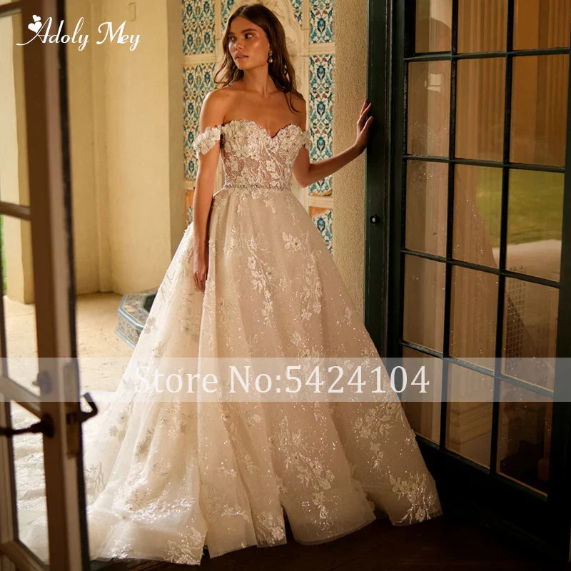Luxury Sweetheart Neck Zipper Shine A-Line Wedding Dress Delicate Beading Appliques Off the Shoulder Princess Bridal Gown