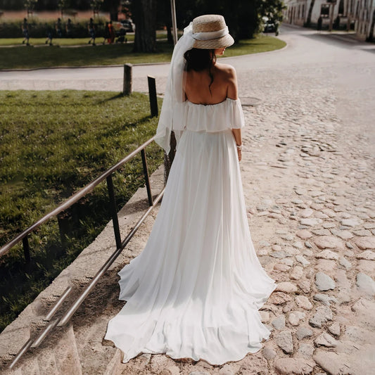 Simple Off Shoulder Drape Chiffon Wedding Dress Customized High Split A Line Flowy Sweetheart Ruffled Low Cut Sexy Bridal Gown