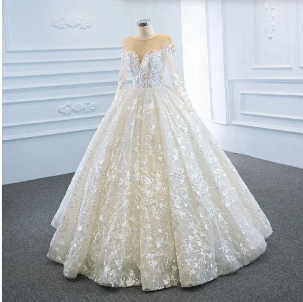 Sexy O-neck wedding dress lace embroidered romantic princess beach boho bride custom bridal gown