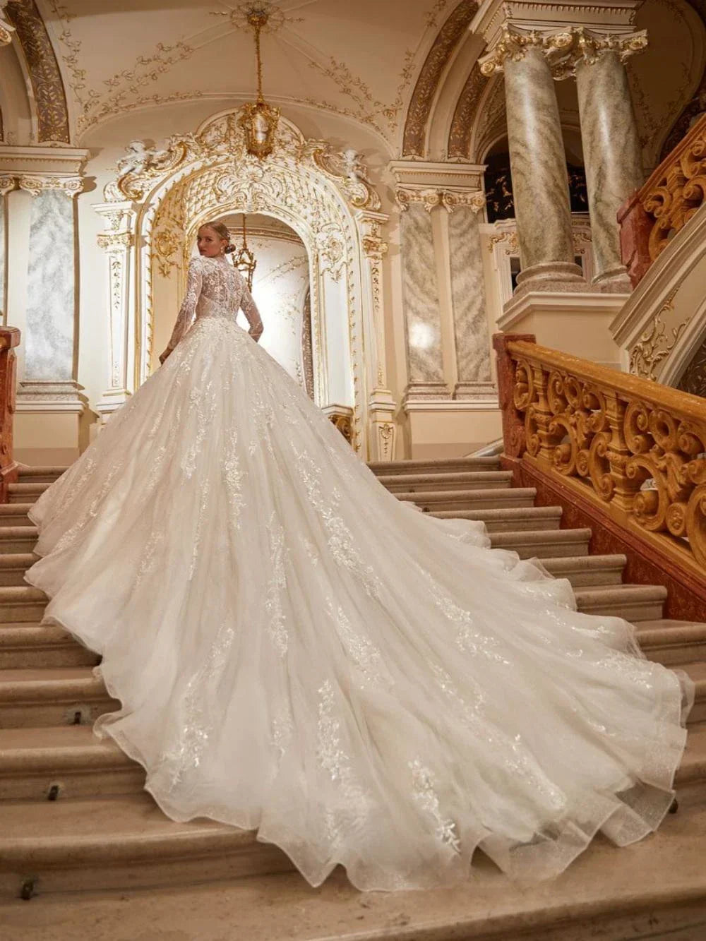High collar long sleeve sparkly modest luxury sequins beads A-line bridal gown side view