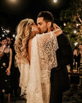 Boho mermaid lace V-back beach white bohemian flared sleeve bride gown detail