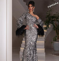 One-shoulder sheath sparkle asymmetrical sequin chiffon floor length prom dress close-up