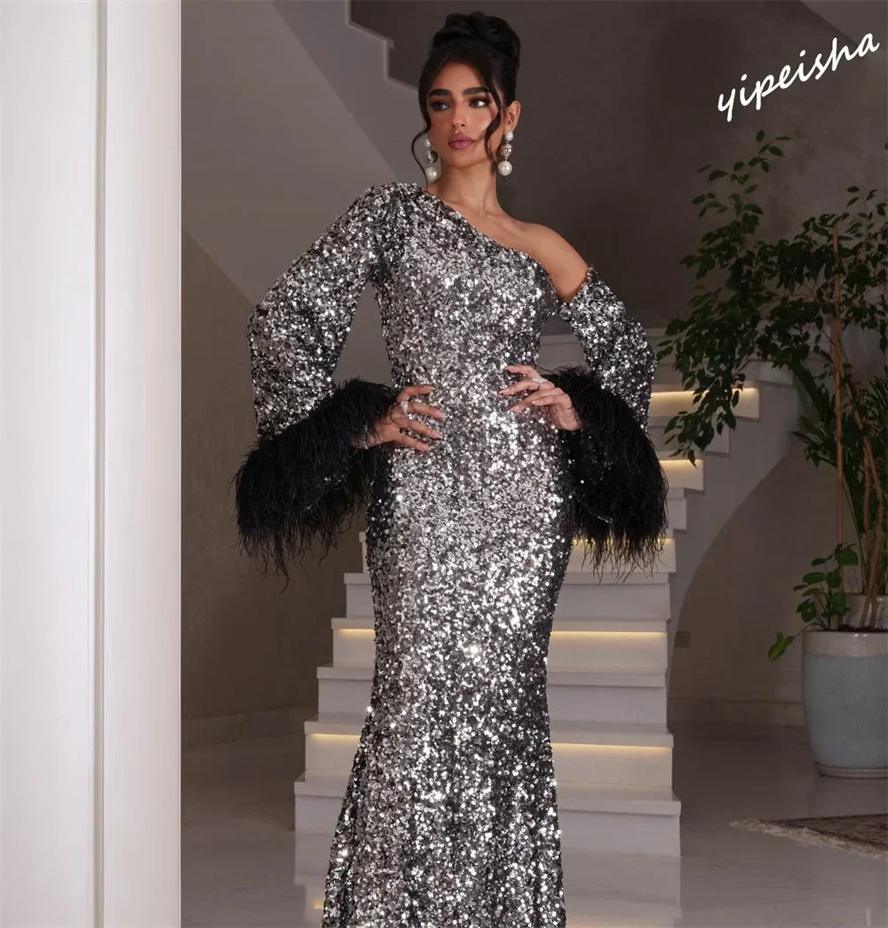 One-shoulder sheath sparkle asymmetrical sequin chiffon floor length prom dress close-up