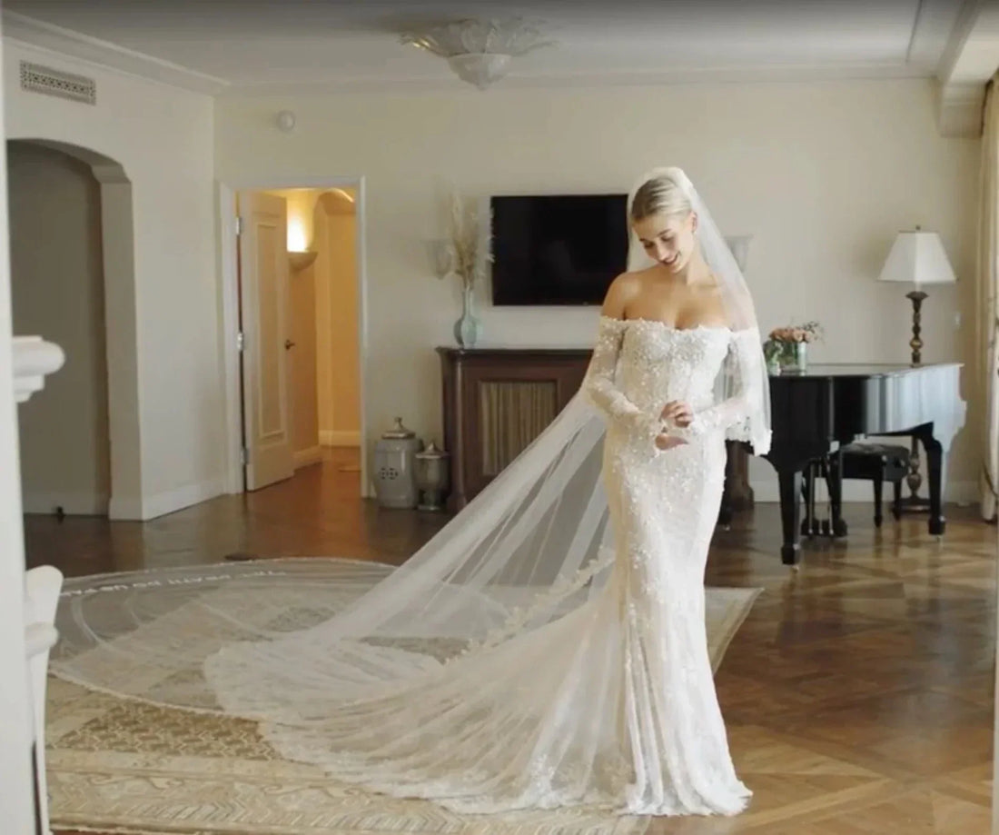 Beach mermaid long sleeve full lace off-shoulder backless bridal gown front view