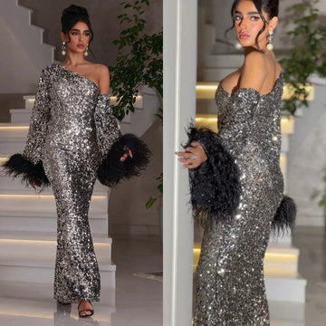 Sparkle asymmetrical one-shoulder sheath floor length sequin chiffon prom evening dress front view