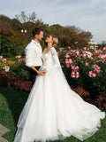 2024 Princess Sweetheat Lace Sleeve Wedding Dresse Sweep Train Vestido De Novia Satin Cap Straps New Bride Dress Elegant Ivory