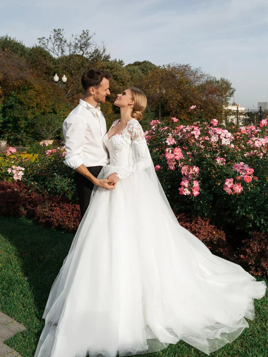 2024 Princess Sweetheat Lace Sleeve Wedding Dresse Sweep Train Vestido De Novia Satin Cap Straps New Bride Dress Elegant Ivory