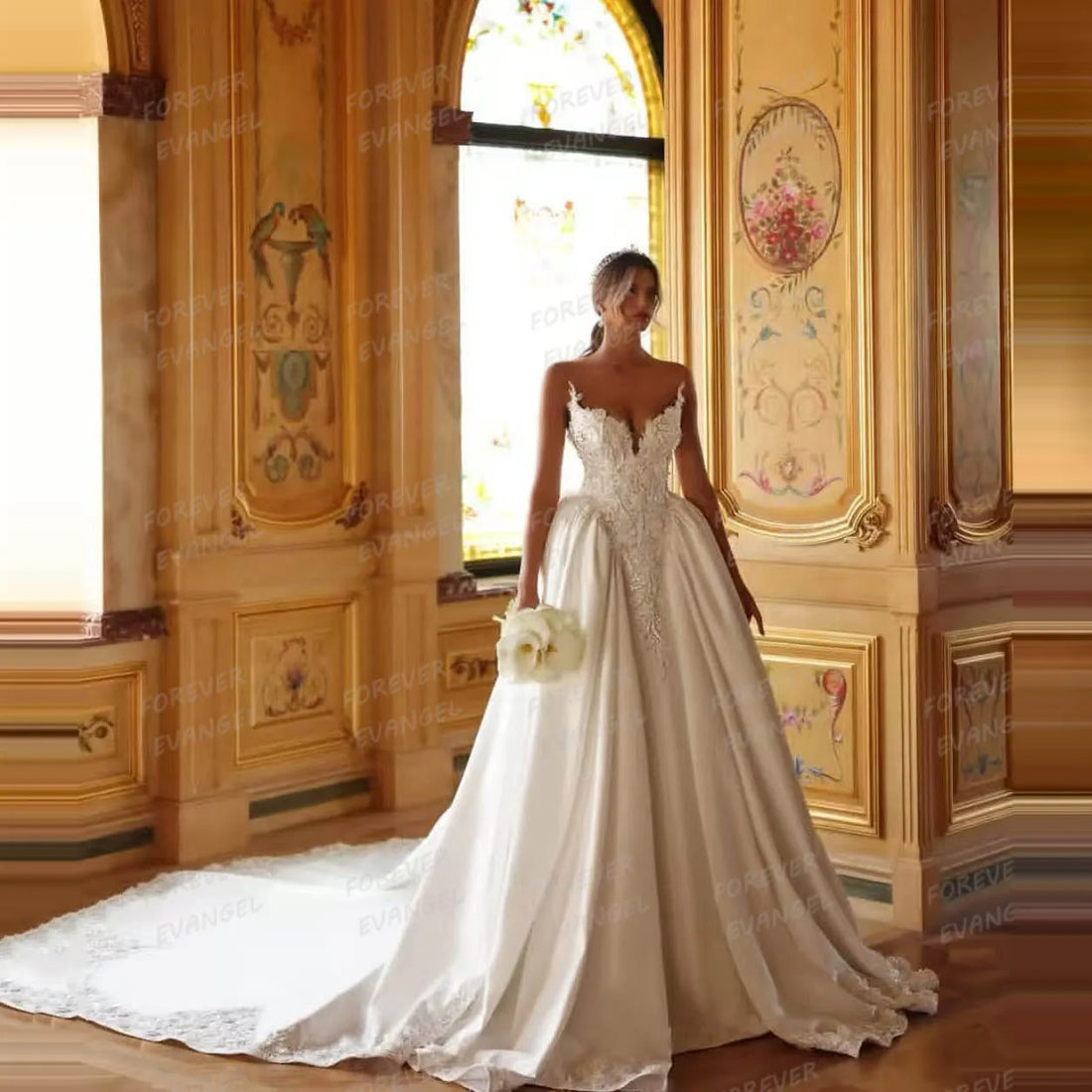 Luxury Wedding Dresses A Line Woman's Lace Sexy Pleat Satin Sweetheart Bride Gowns Sweep Train Customized Vestidos De Novia
