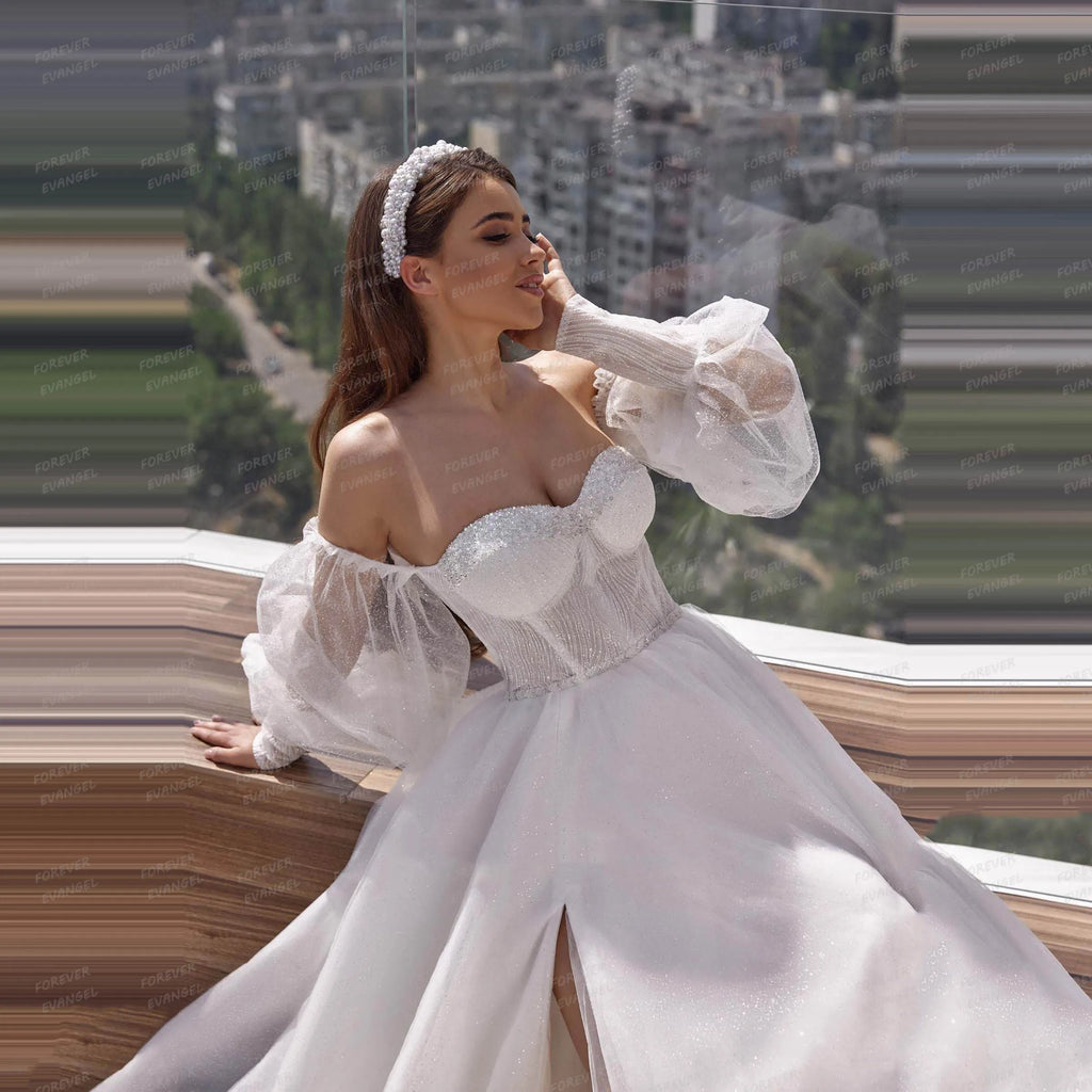 Simple A Line Wedding Dresses Woman's Sexy Appliques Off Shoulder Long Sleeve Princess Bride Gowns Vestidos De Novia Customized